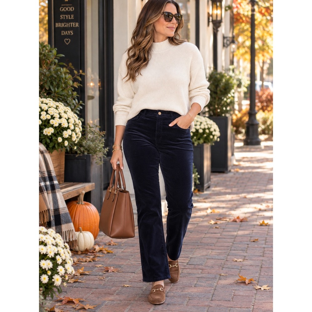 Talbots 14P Petite Navy Velveteen Pants High Rise Straight Leg Stretch Holiday